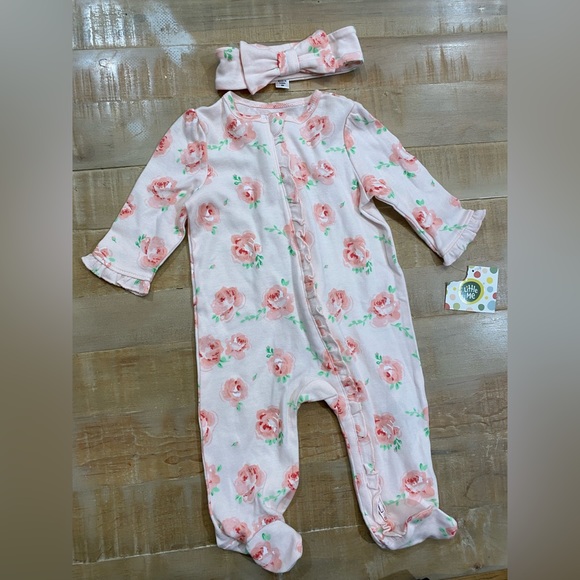 Little Me floral roses zipper Footie bodysuit with matching headband Nwt - Picture 7 of 8